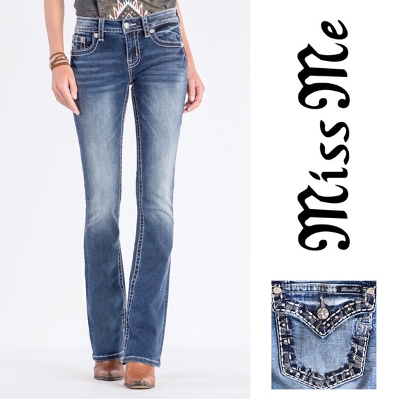 Miss Me Light Blue Boot Cut Jeans with Rhinestone Accents - Picture 2 of 6